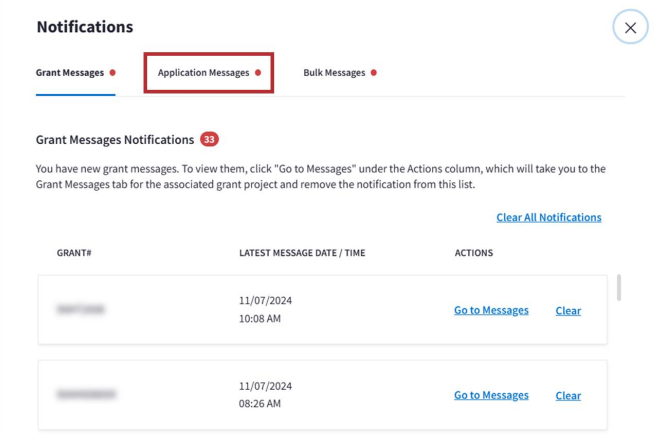 Application Messages link