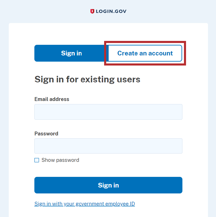 Login.gov Sign in screen with Create an account button