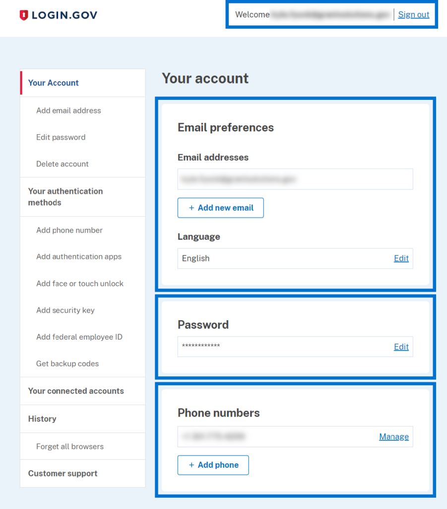 10: Login.gov Your account screen with welcome, Email preferences, Password, and Phone numbers sections