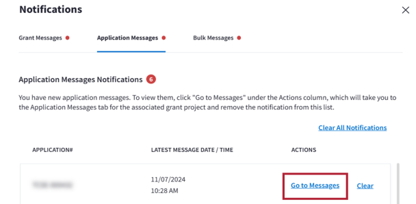 Go to Messages Link on Application Messages tab