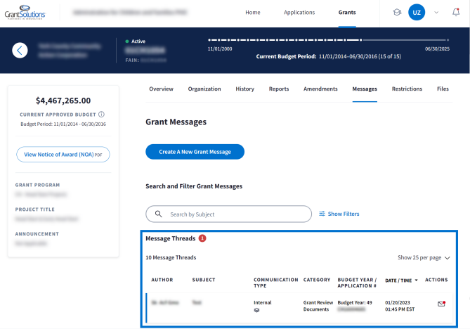 Note: The search and filter features allow for modification of results. Grantors can read all messages
and respond to them within the thread.