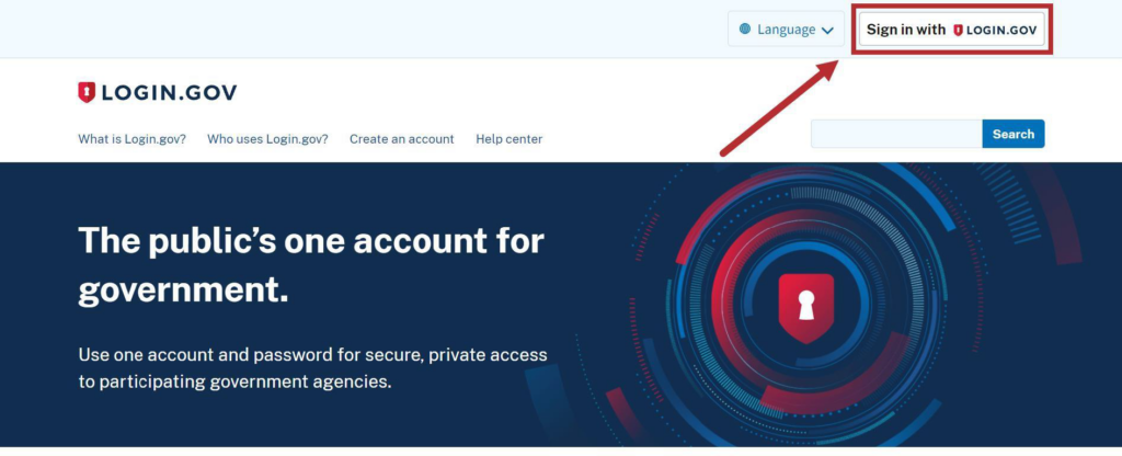 Login.gov Homepage, highlight Sign in with Login.gov button.