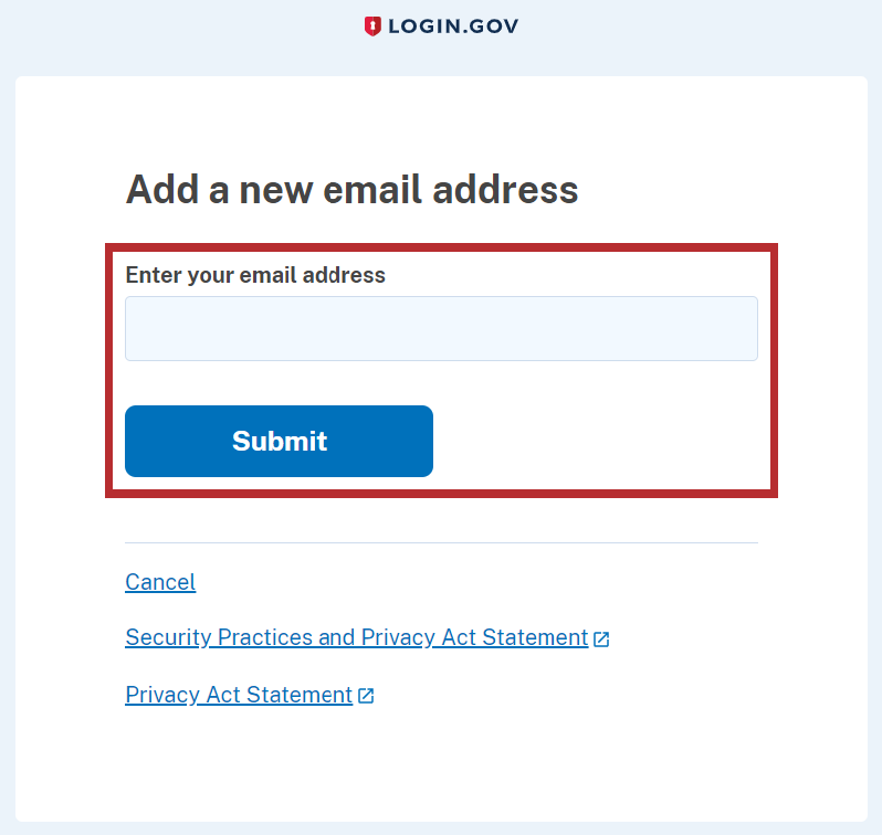 Add a new email address screen with textbox for input and Submit button.
