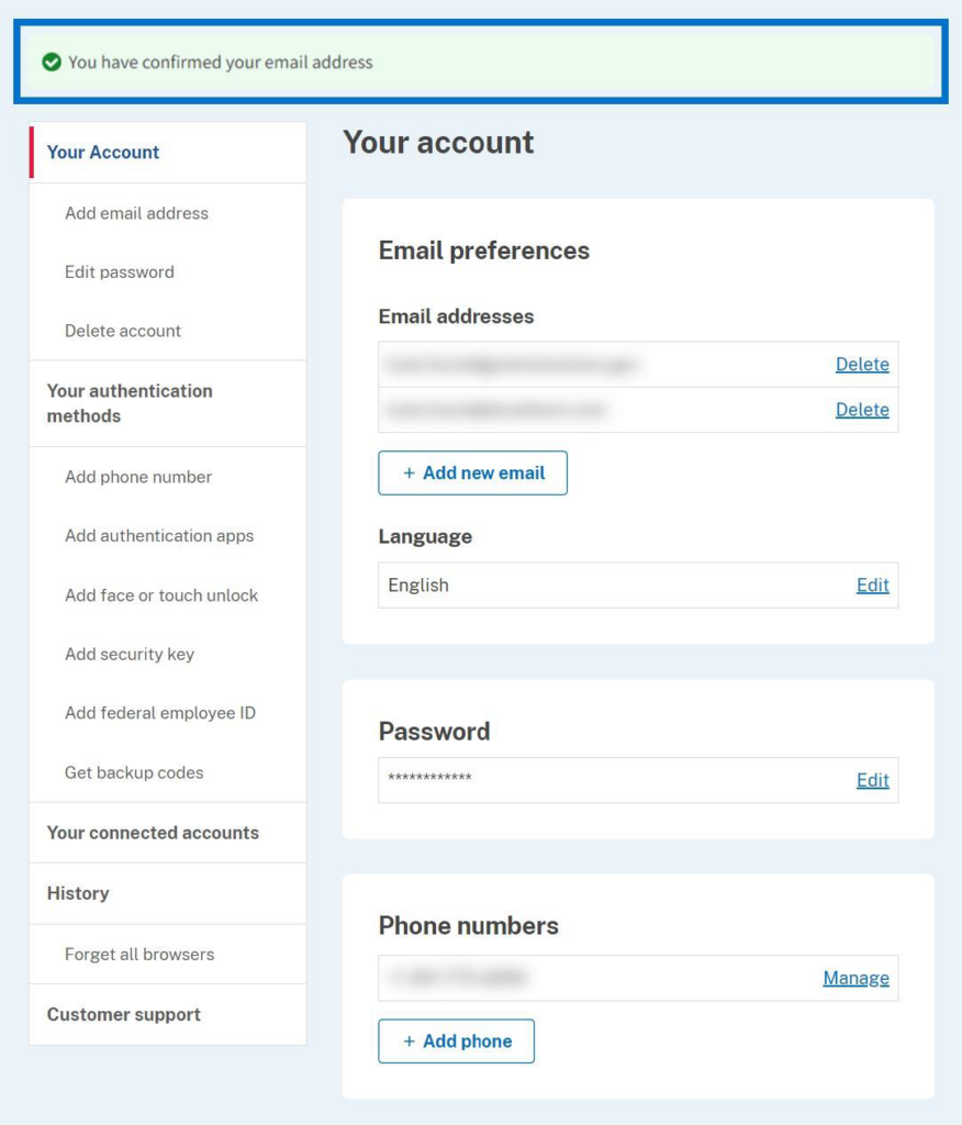 Confirmation message at the top of your account page.
