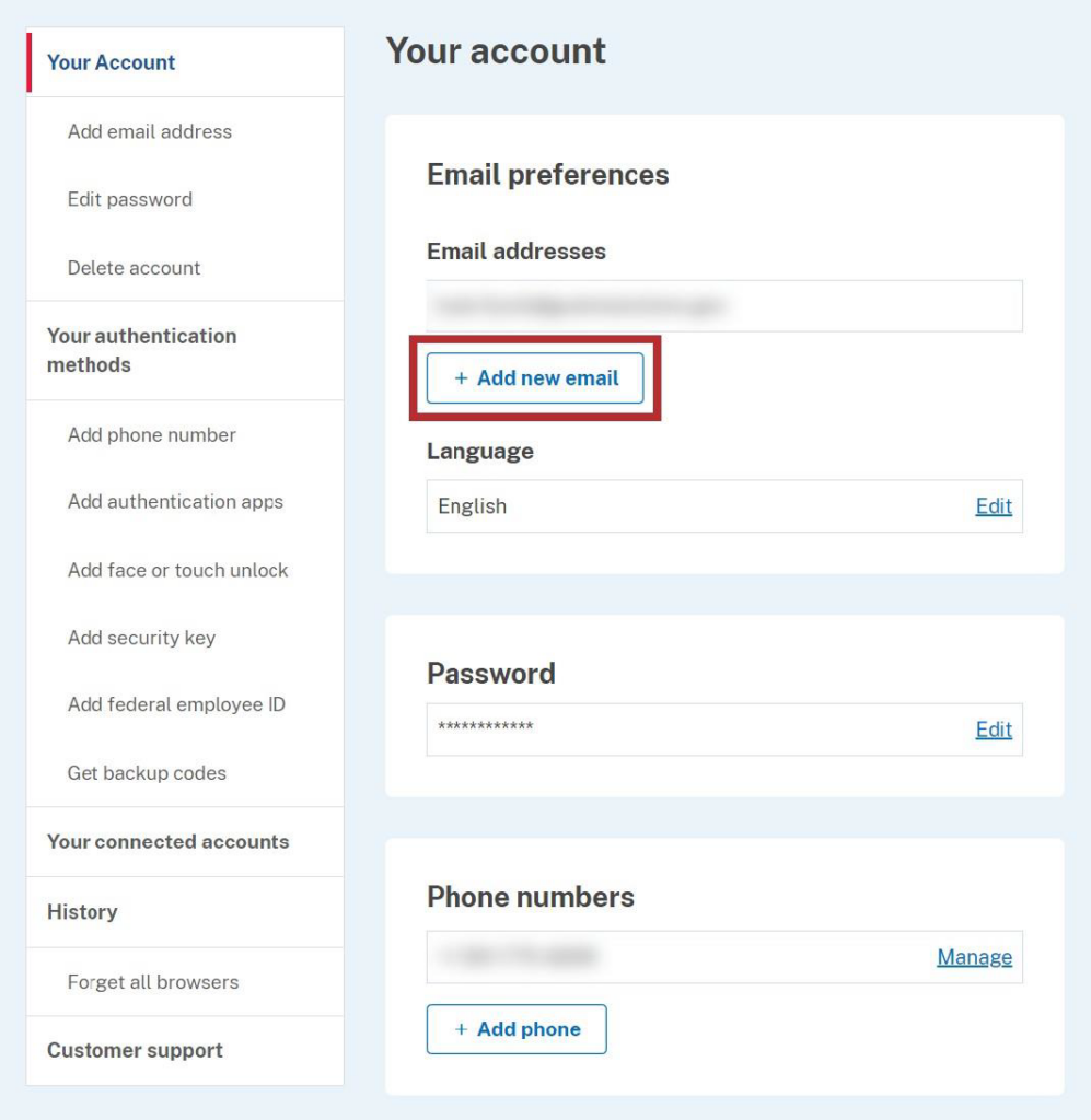 Your account screen, highlighting the add an email address button.
