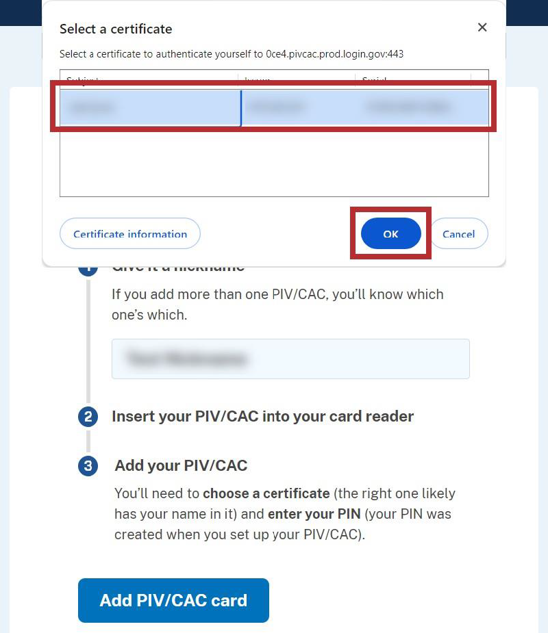 Browser window with PIV certificate and OK button