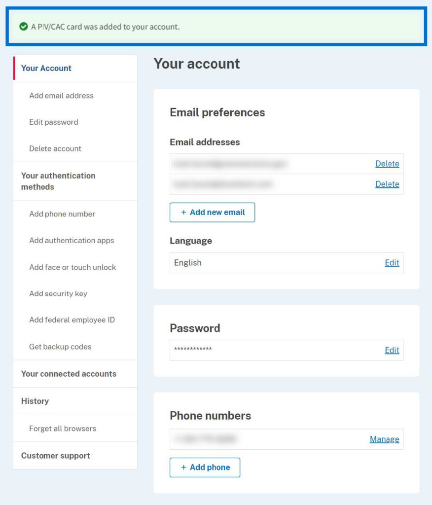 Login.gov Your account screen with PIV/CAC card linked successfully message