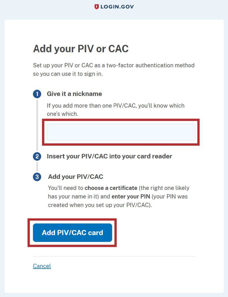 Login.gov Add your PIV or CAC screen with Give it a nickname field and Add PIV/CAC card button