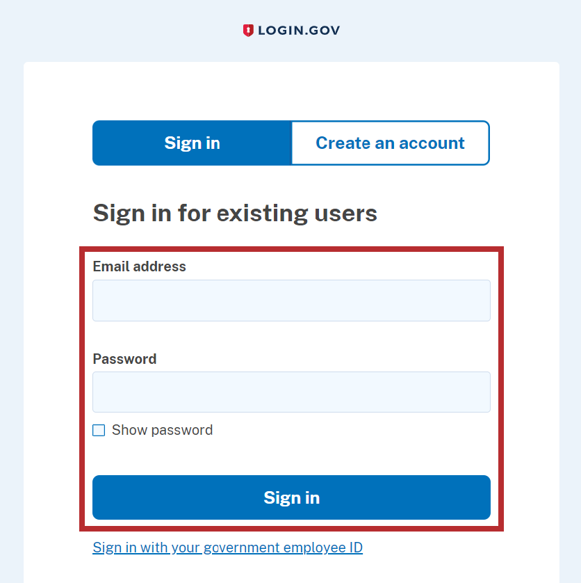 Login.gov Sign in screen with Email address field, Password field, and Sign in button