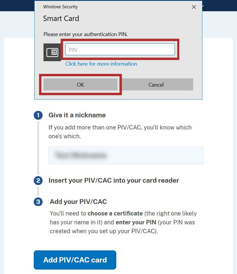 Browser window with PIN field and OK button