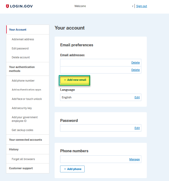 Login.gov account management page. (Rectangle)