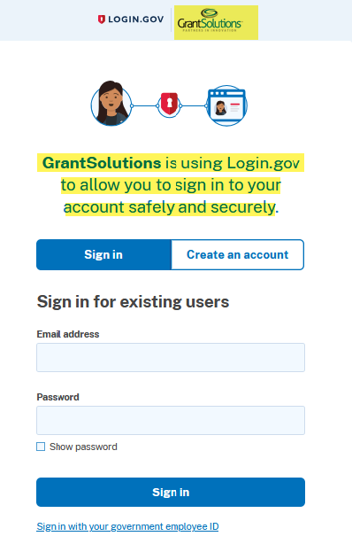 Login.gov/GrantSolutions sign in view. (Rectangle)