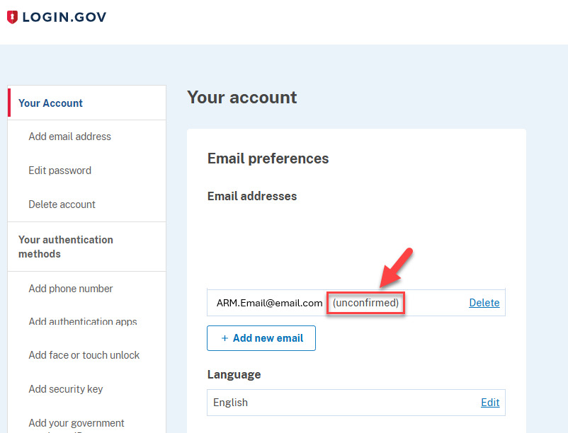 Login.gov unconfirmed email address screen capture. (Rectangle)
