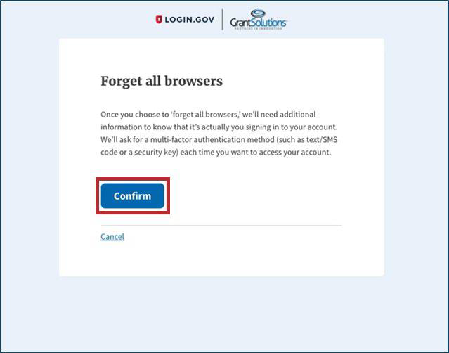 Login.gov Forget all browsers screen with Confirm button.