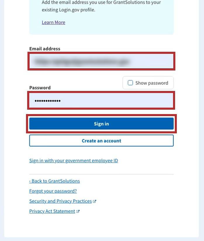 Login.gov Sign in screen with Email address field, Password field, and Sign in button.