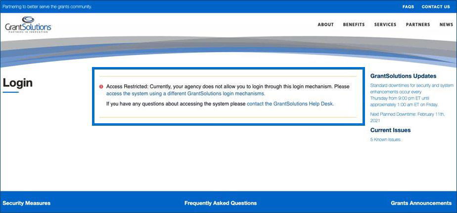 GrantSolutions Login screen with Access Restricted error message.