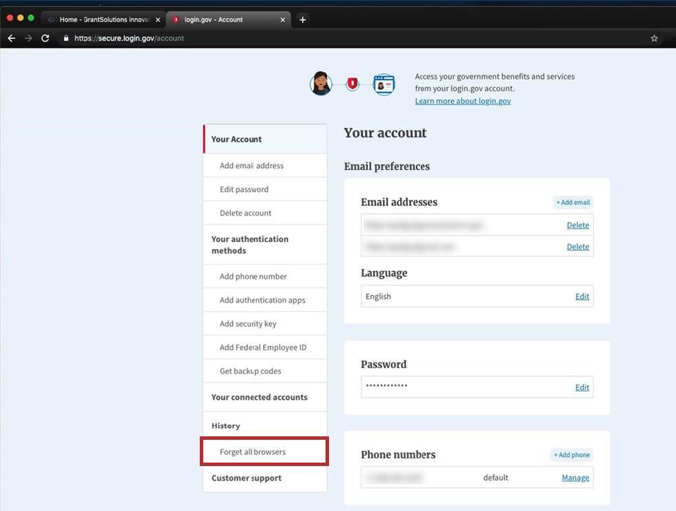 Login.gov Your account screen with Forget all browsers button.