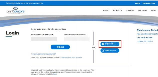 GrantSolutions Login screen with Login.gov button.