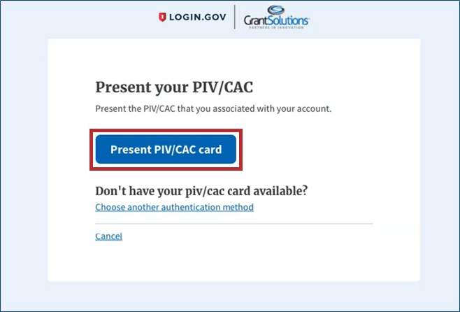 Login.gov Present your PIV/CAC screen with Present PIV/CAC card button.