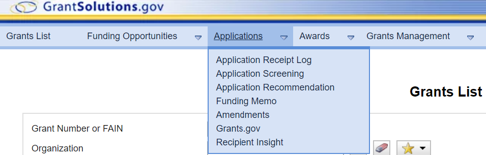 The GrantSolutions GMM menu bar. The Applications menu drop-down list.