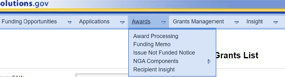 The GrantSolutions GMM menu bar. The Awards menu drop-down list.