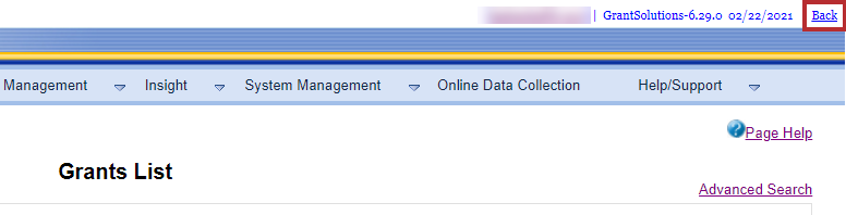 The Header of the GrantSolutions GMM with the Back link highlighted.