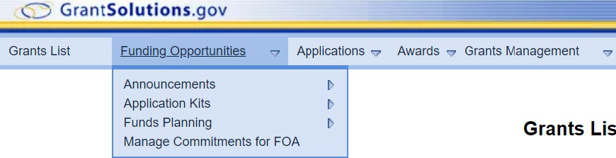 The GrantSolutions GMM menu bar. The Funding Opportunities menu option drop-down list.