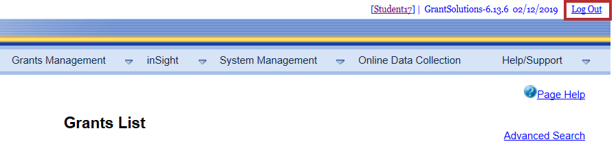 The Header of the GrantSolutions GMM with the Log Out link highlighted.