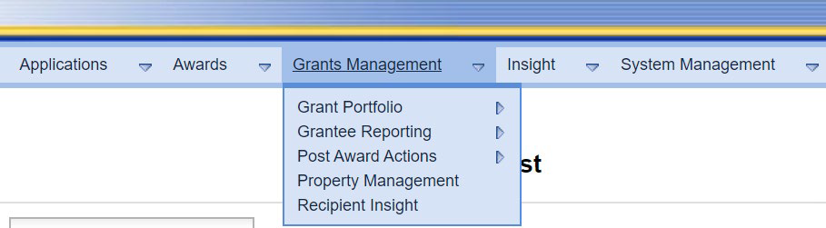 The GrantSolutions GMM menu bar. The Grants Management menu drop-down list.
