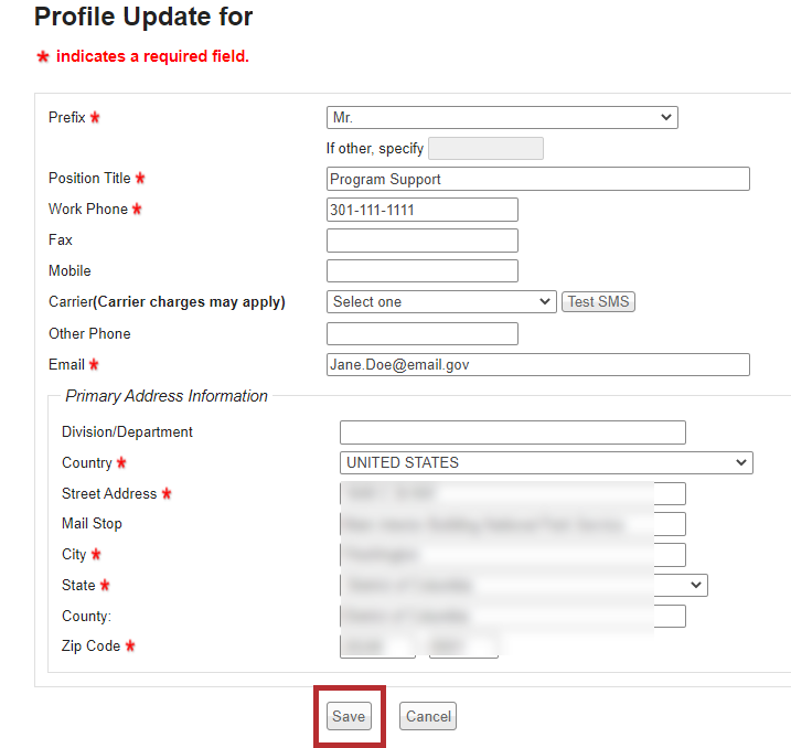 The Profile Update for screen with the Save button highlighted.