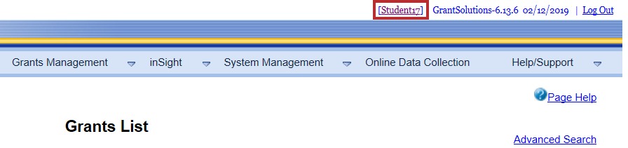 The Grants List screen with the username link highlighted.