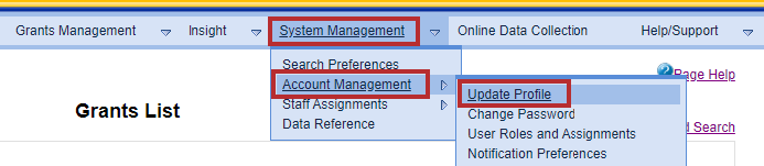 A user navigating to the Update Profile screen. From the GMM menu bar, System Management menu drop-down, Account Management drop-down, and Update Profile are highlighted.