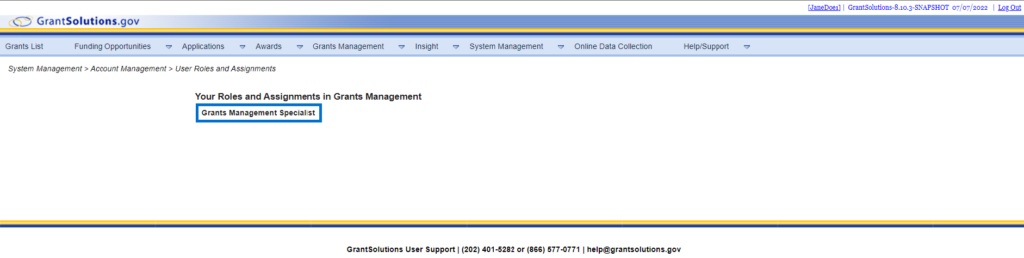 Your Roles and Assignments in Grants Management screen with user role