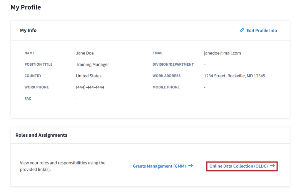 My Profile screen with Online Data Collection (OLDC) button
