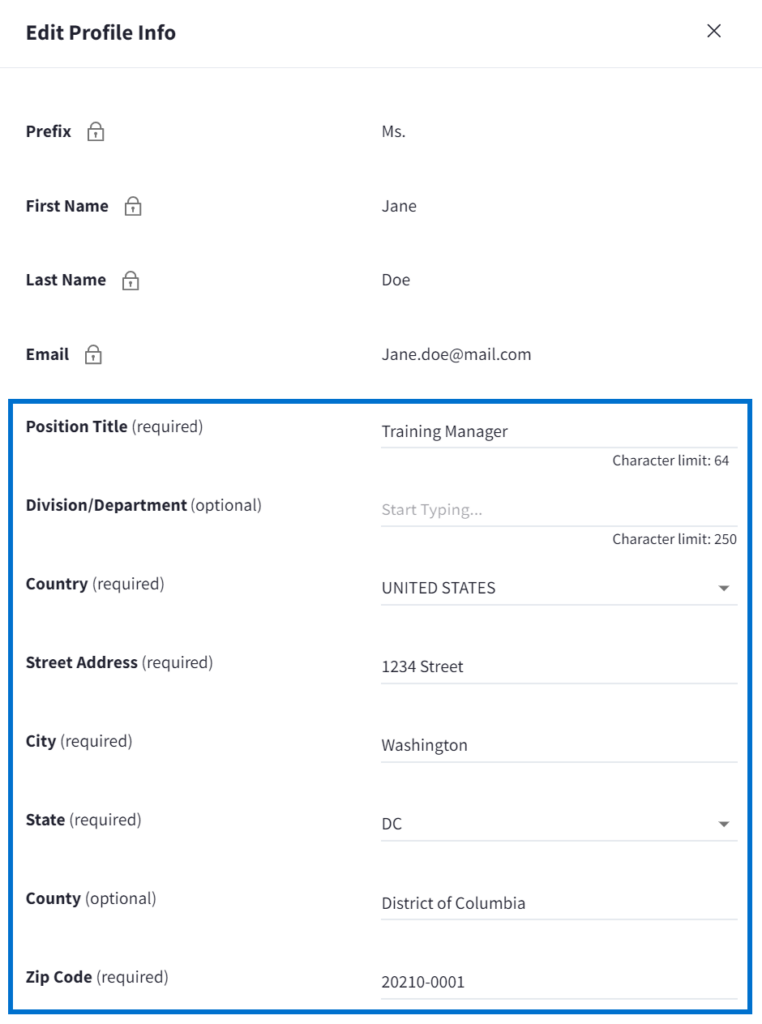 Edit Profile Info window with profile information fields