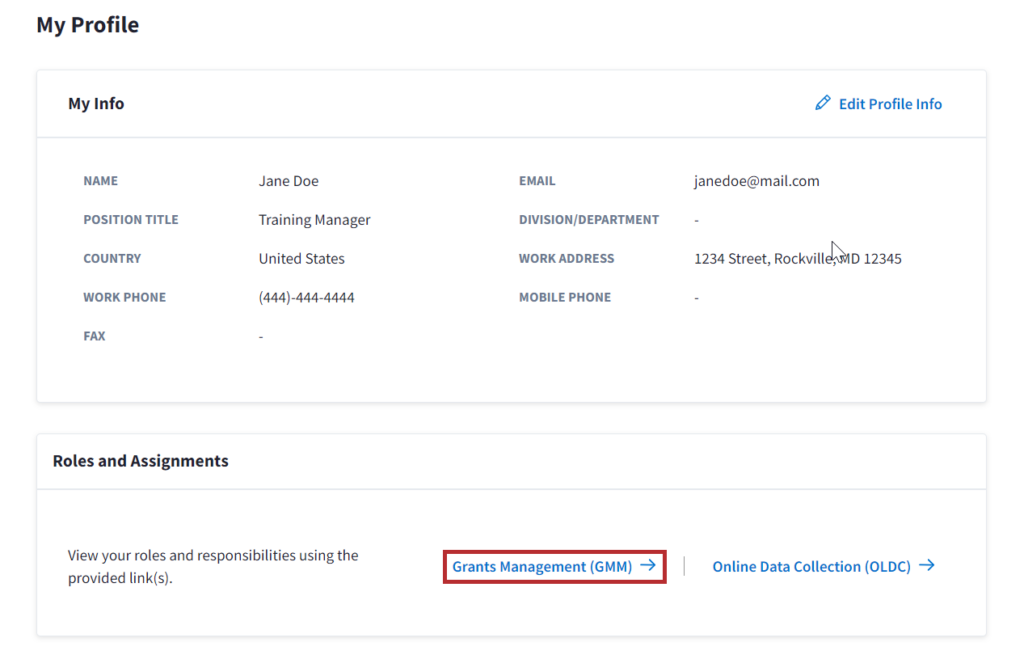 My Profile screen with Grants Management (GMM) button