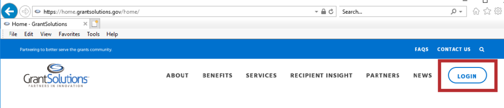 GrantSolutions Home page with Login button