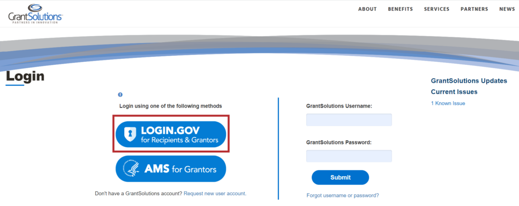 Login in screen with Login.gov for Recipients & Grantors button