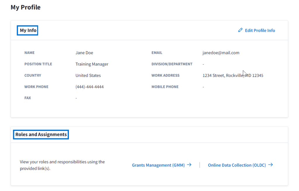 My Profile screen with My Info and Roles and Assignments sections