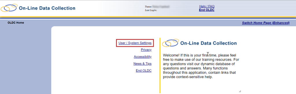 OLDC home screen with User / System Settings hyperlink