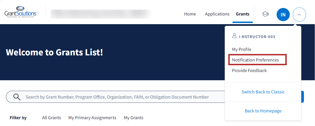 Grants List screen with initials icon drop-down and Notification Preferences