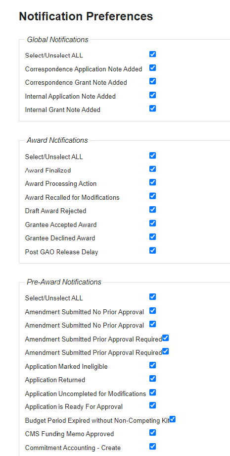 Notification Preferences screen with Global, Award, and Pre-Award notification sections
