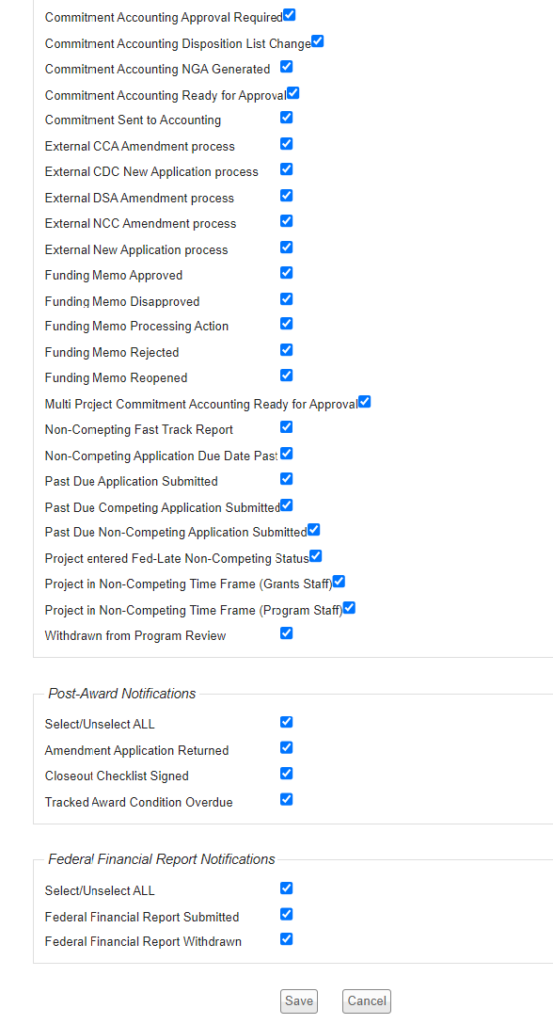 Notification Preferences screen with Post-Award, and Federal Financial Report (FFR) notification sections