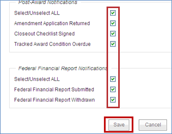 Notification Preferences screen with Checkboxes and the Save button