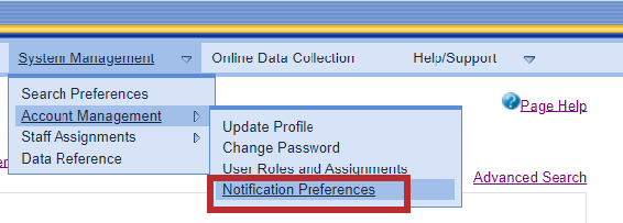 Grants Lists screen with System Management drop-down, Account Management sub menu, and Notification Preferences option