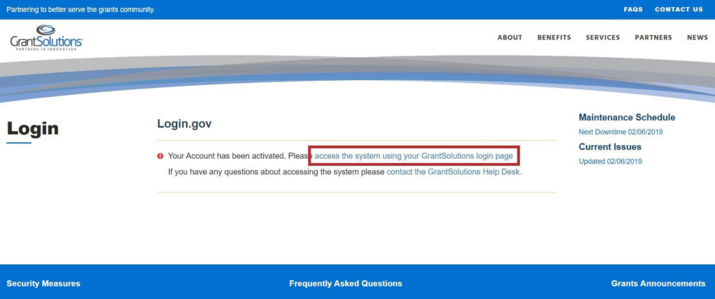 GrantSolutions Login screen with access the system using your GrantSolutions login page link