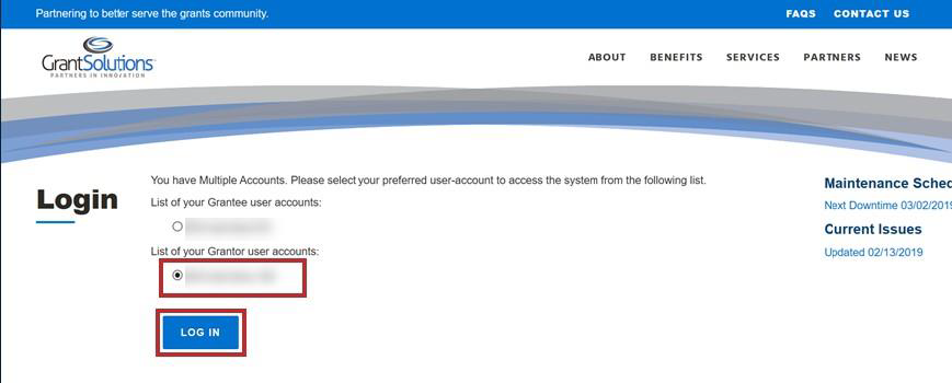 GrantSolutions Login screen with account radio buttons and LOG IN button