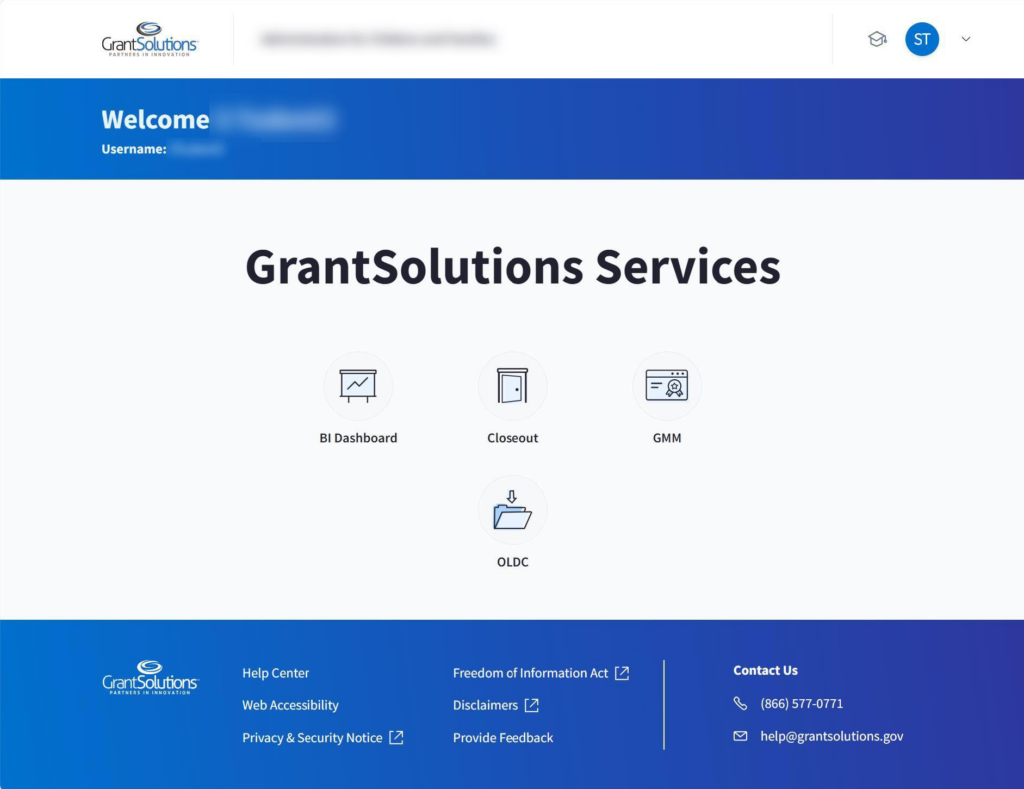 GrantSolutions Home screen