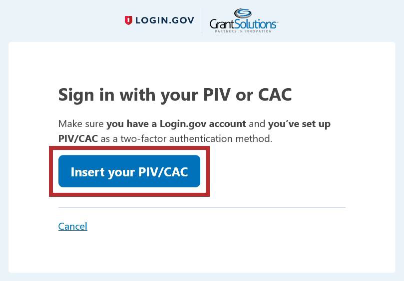 Login.gov Sign in with your PIV or CAC screen with Insert your PIV/CAC button