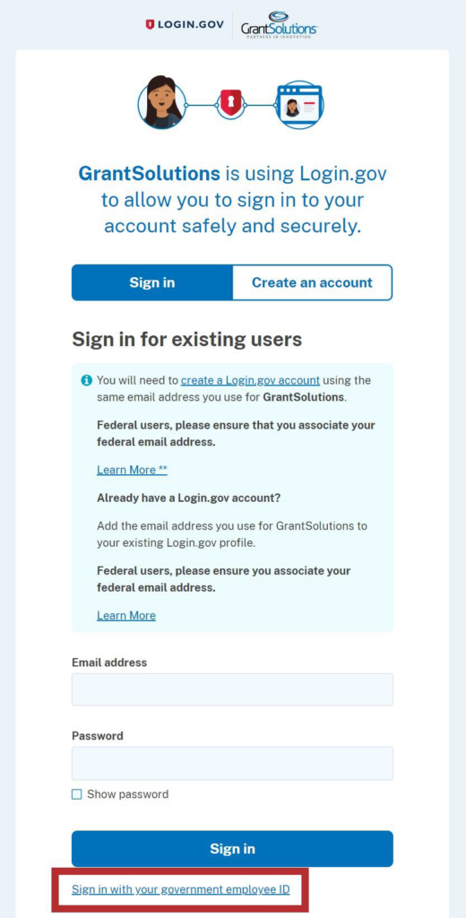 Login.gov Sign in screen with Sign in with your government employee ID link